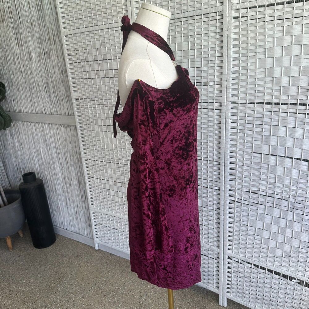 Burgundy Velvet Off Shoulder Halter Long Flare Sleeve Mini Dress Medium M essue